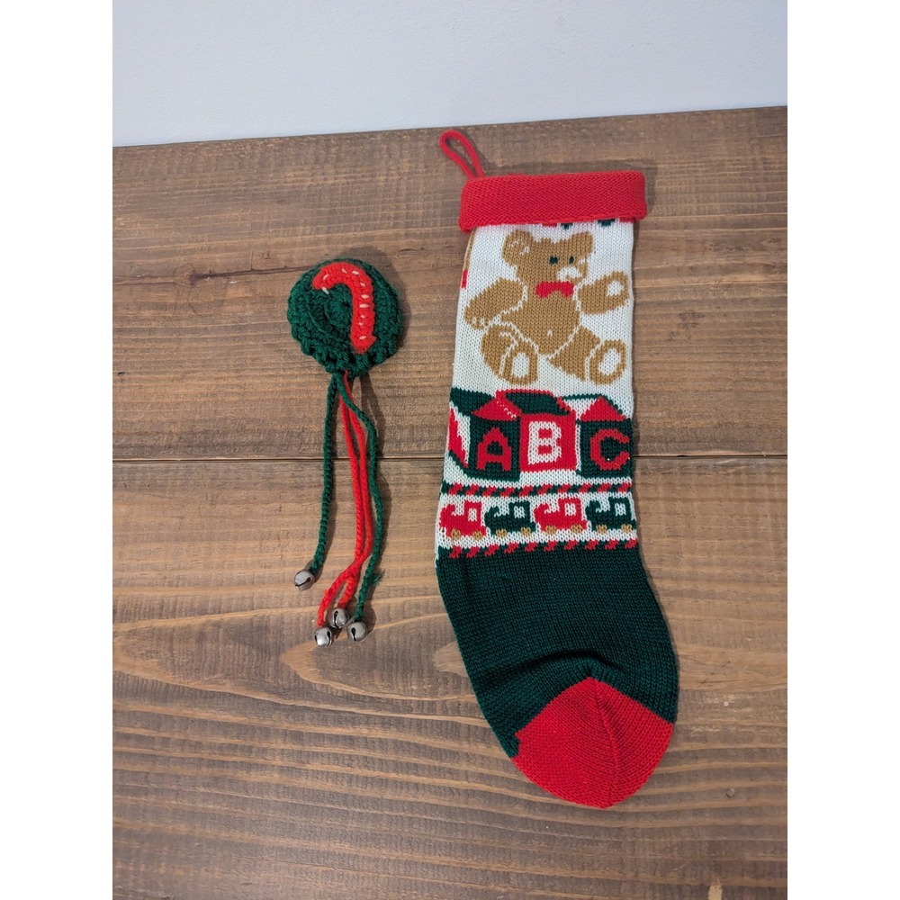 Vintage Knit Stocking Bear Blocks‎ Trucks Homemade Crochet Decor with Bells
